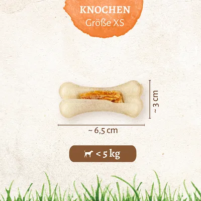 Kość rozmiar XS, wymiary: ok. 6,5 cm x 3 cm, odpowiednia dla psów poniżej 5 kg.