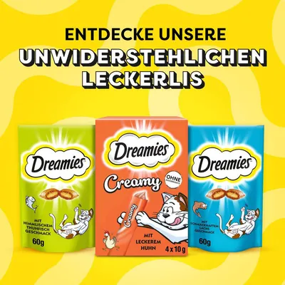 Dreamies Leckerlis: Himmlischer Thunfischgeschmack, Cremige Huhn-Sticks ohne Zuckerzusatz, Schmackhafter Lachs. Entdecke unwiderstehliche Snacks für Katzen. Packungsgrössen: 60g und 4x10g.