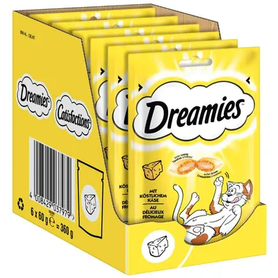 Caja con 6 sobres de Dreamies sabor queso, cada uno de 60 g. Texto visible: 'Dreamies', 'Catisfactions', código de barras y peso total 360 g.