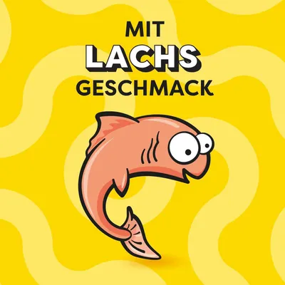 Mit Lachs Geschmack. Illustration eines Lachses auf gelbem Hintergrund.