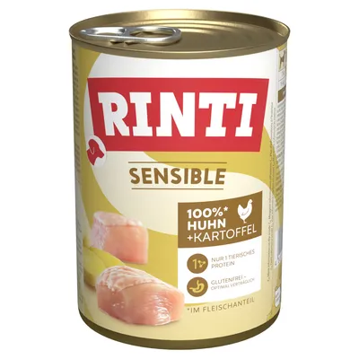 Rinti Sensible, 100% Huhn und Kartoffel, nur 1 tierisches Protein, glutenfrei für optimale Verträglichkeit, im Fleischanteil.