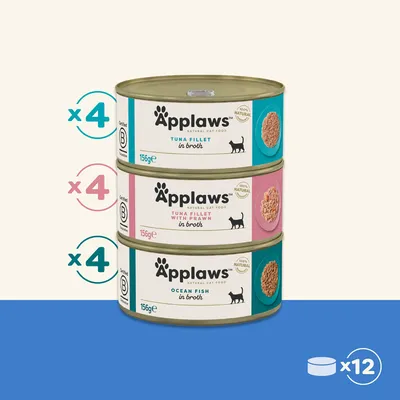 Applaws Katzenfutter, 12 Dosen à 156g: 4x Thunfischfilet in Brühe, 4x Thunfisch mit Garnele in Brühe, 4x Meeresfisch in Brühe. 100% natürlich.