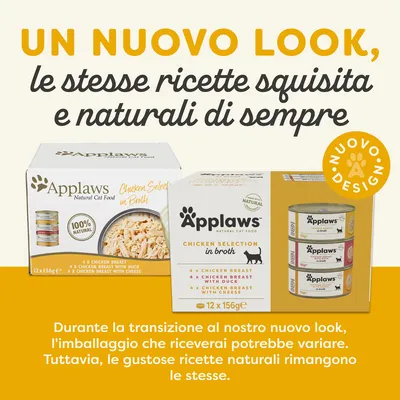 Applaws Natural Cat Food, Chicken Selection in Broth. Nuovo look, stesse ricette squisite e naturali di sempre. Durante la transizione l’imballaggio potrebbe variare.