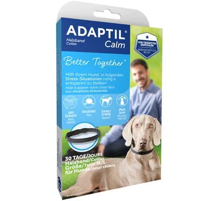 ADAPTIL Calm halsband voor honden, maat M/L, 30 dagen gebruik. Tekst: 'Better Together', aanbevolen door dierenartsen. Verpakking toont hond met zwarte halsband.