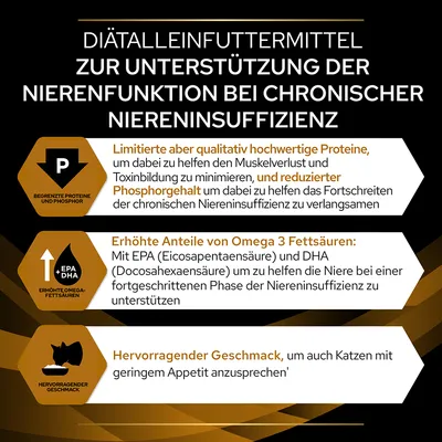 Texte en allemand : alimentation diététique pour soutenir la fonction rénale en cas d’insuffisance rénale chronique, protéines et phosphore limités, oméga 3 élevés, goût appétent.