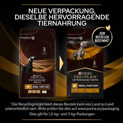 Purina Pro Plan Veterinary Diets NF Renal Function. Neue Verpackung, dieselbe Tiernahrung. Zum Recyceln bestimmt. Gilt für 1,3-kg und 3-kg-Packungen. Recyclingmöglichkeiten auf purina.eu/packaging prüfen.