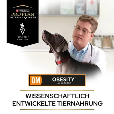 Purina Pro Plan Veterinary Diets OM Obesity Management, texte en allemand : Wissenschaftlich entwickelte Tiernahrung. Texte anglais et allemand visibles.