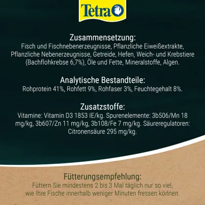 Tetra. Zusammensetzung, analytische Bestandteile und Zusatzstoffe mit Fütterungsempfehlung: 2-3 Mal täglich nur so viel füttern, wie in wenigen Minuten gefressen werden kann. Tetra. Zusammensetzung, analytische Bestandteile und Zusatzstoffe mit Fütterungsempfehlung: 2-3 Mal täglich nur so viel füttern, wie in wenigen Minuten gefressen werden kann.