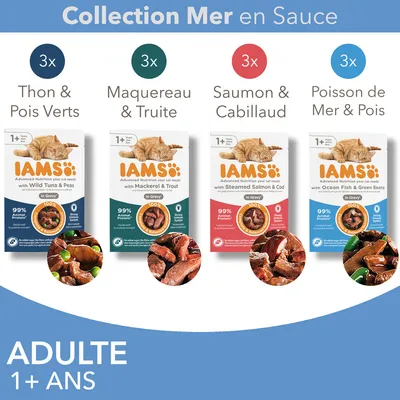 IAMS Collection Mer en Sauce pour chats adultes 1+ an : 3x thon & pois verts, 3x maquereau & truite, 3x saumon & cabillaud, 3x poisson de mer & pois. 99 % protéines animales.