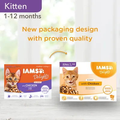 IAMS Delights IN GRAVY with CHICKEN, Kitten 1–12 months. Billede viser gammel og ny emballage med teksten: New packaging design with proven quality.