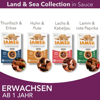 IAMS Land & Sea Collection in Sauce, 4 variétés : thon & pois, poulet & dinde, saumon & cabillaud, agneau & poivron rouge. Pour chats adultes dès 1 an. Texte en allemand et anglais.