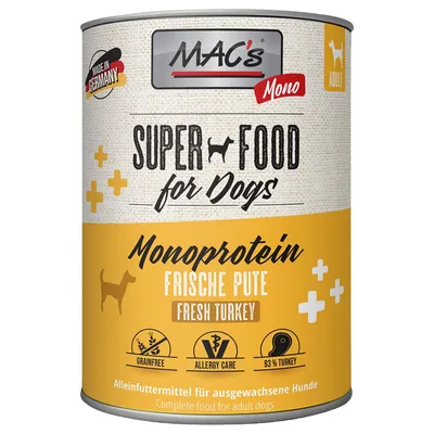 MAC's Super Food for Dogs Monoprotein Frische Pute Fresh Turkey, adult, grainfree, allergy care, 93% turkey. Testo in tedesco e inglese visibile sulla confezione.