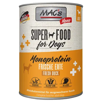 MAC's Super Food for Dogs Monoprotein Frische Ente Fresh Duck, grainfree, allergy care, 93% duck. Hrană completă pentru câini adulți. Made in Germany. Text în germană și engleză.
