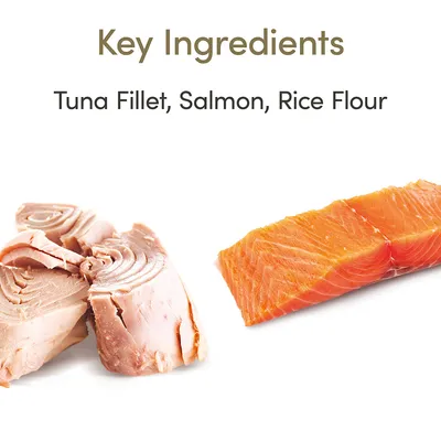 Teksti: Key Ingredients. Tuna Fillet, Salmon, Rice Flour. Kuvassa tonnikalafileetä ja lohifileetä valkoisella taustalla.