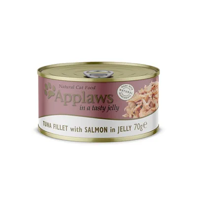Applaws Natural Cat Food, in a tasty jelly, TUNA FILLET with SALMON in JELLY 70 g. Made with natural ingredients. Kissalle tarkoitettu säilykepurkki.