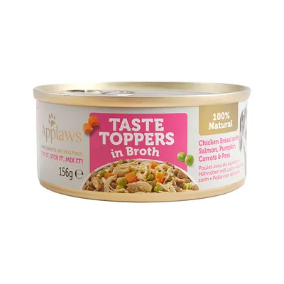 Applaws Taste Toppers in Broth, 100% Natural, Hähnchenbrust mit Lachs, Kürbis, Karotten und Erbsen, 156g Dose. Ergänzungsfutter für Hunde: Top it, Stir it, Mix it!