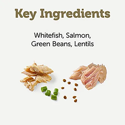 Hlavní složky: bílá ryba, losos, zelené fazolky, čočka. Ingredience jsou znázorněny kousky ryby, zelenými fazolkami a čočkou.