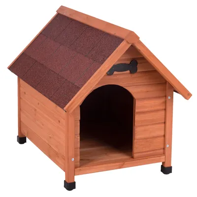 Hondenhok van hout met rood dak van shingles, zwart botdecor boven de ingang en verhoogde zwarte poten.