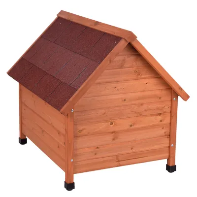Houten hondenhok met rood shingles dak en verhoogde zwarte poten, geschikt voor buitengebruik.