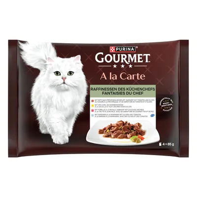 Purina Gourmet A la Carte Keittiömestarin herkut, 4 x 85 g. Lajikkeet: Ankka tomaattien ja oliivien kera, Siipikarja, Taimen kesäkurpitsan ja riisin kera, Sardiini oliivien ja tomaattien kera. Purina Gourmet A la Carte Keittiömestarin herkut, 4 x 85 g. Lajikkeet: Ankka tomaattien ja oliivien kera, Siipikarja, Taimen kesäkurpitsan ja riisin kera, Sardiini oliivien ja tomaattien kera.