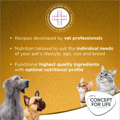 Testo in inglese: Developed with veterinarians & nutrition experts. Recipes developed by vet professionals. Nutrition tailored to suit the individual needs of your pet’s lifestyle, age, size and breed. Functional highest quality ingredients with optimal nutritional profile. CONCEPT FOR LIFE CARING EVERY DAY.