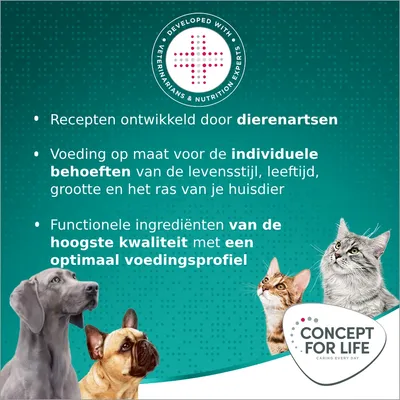 Recepten ontwikkeld door dierenartsen. Voeding op maat voor de individuele behoeften van je huisdier. Hoogwaardige ingrediënten met een optimaal voedingsprofiel. Concept for Life.
