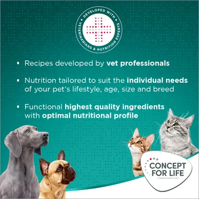 Testo in inglese: Developed with veterinarians & nutrition experts. Recipes developed by vet professionals. Concept for Life Caring Every Day. Immagini di due cani e due gatti.