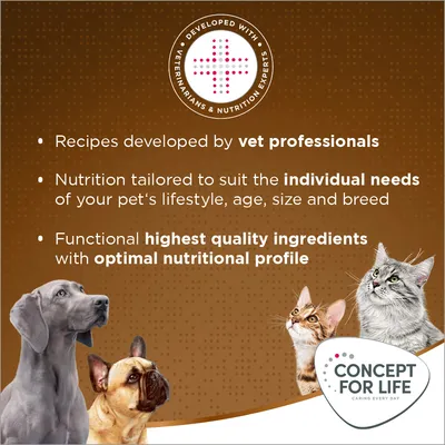 Testo in inglese: Developed with veterinarians & nutrition experts. Recipes developed by vet professionals. Concept for Life. Caring every day. Testo in inglese: Developed with veterinarians & nutrition experts. Recipes developed by vet professionals. Concept for Life. Caring every day.