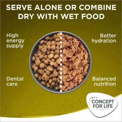 Testo in inglese: Serve alone or combine dry with wet food. High energy supply, dental care, better hydration, balanced nutrition. Concept for Life.