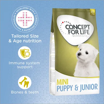 CONCEPT FOR LIFE MINI PUPPY & JUNIOR, adult weight ≤10 kg. Testo in inglese: Tailored Size & Age nutrition, Immune system support, Bones & teeth, Developed with veterinarians & nutrition experts.