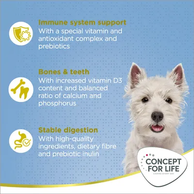 Testo in inglese: Immune system support, Bones & teeth, Stable digestion. Concept for Life. Con cane bianco. Il testo descrive benefici per sistema immunitario, ossa, denti e digestione.