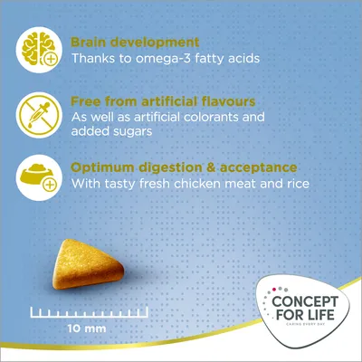 Testo in inglese: Brain development grazie agli omega-3, Free from artificial flavours, Optimum digestion & acceptance. Crocchetta con scala 10 mm. Marchio Concept for Life.