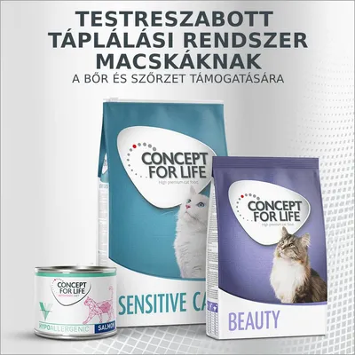 Concept for Life macskaeledel csomagolások: Sensitive Cat, Beauty és Hypoallergenic Salmon. Felirat: Testreszabott táplálási rendszer macskáknak, a bőr és szőrzet támogatására.