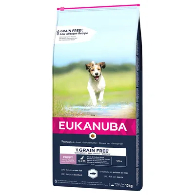 Eukanuba hrană uscată pentru căței, fără cereale, bogată în pește de mare, pentru rase mici și medii până la 12 luni, greutate sub 25kg. Mărime pachet: 12kg.