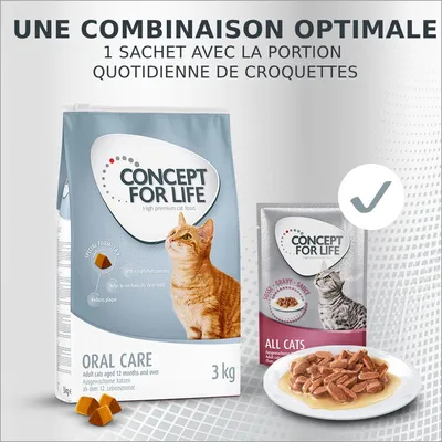 Concept for Life Oral Care 3 kg croquettes pour chats adultes et sachet All Cats, texte : une combinaison optimale, 1 sachet avec la portion quotidienne de croquettes.