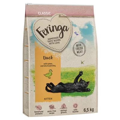 Feringa Classic τροφή για γατάκια, πάπια με αρακά, καρότα και μαϊντανό. Με φρέσκο κρέας, χωρίς δημητριακά, ταυρίνη, πρωτεΐνες. Συσκευασία 6,5 kg.