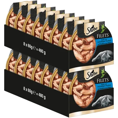 Sheba Filets, упаковка 16 паучей по 60 г, общий вес 960 г. На упаковке изображён кот и текст: Huhn mit nachhaltigem Thunfisch. Видны кусочки филе в соусе.