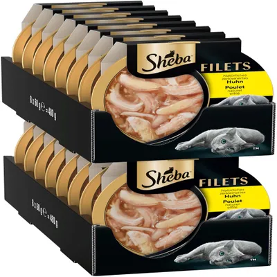 Sheba Fileti, naravno natrgano piščančje meso, 8 x 60 g = 480 g, embalaža z okencem in rumeno etiketo. Sheba Fileti, naravno natrgano piščančje meso, 8 x 60 g = 480 g, embalaža z okencem in rumeno etiketo.