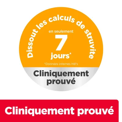 Dissout les calculs de struvite en seulement 7 jours. Cliniquement prouvé. Données : études internes Hill’s. Dissout les calculs de struvite en seulement 7 jours. Cliniquement prouvé. Données : études internes Hill’s.