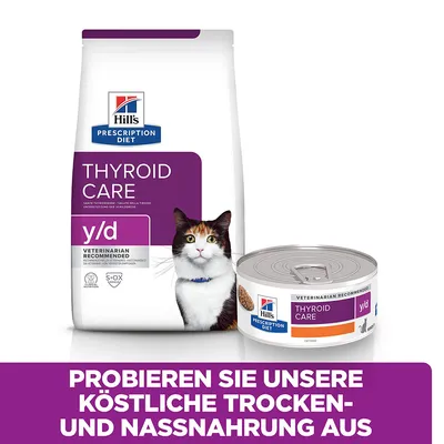 Hill's Prescription Diet Thyroid Care y/d Trocken- und Nassnahrung, vom Tierarzt empfohlen. Probieren Sie unsere köstliche Trocken- und Nassnahrung aus.