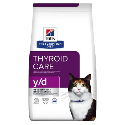 Hill's Prescription Diet Thyroid Care y/d per gatti, raccomandato dai veterinari. Testo visibile: salute della tiroide, S+OX Shield, nutrizione clinica.