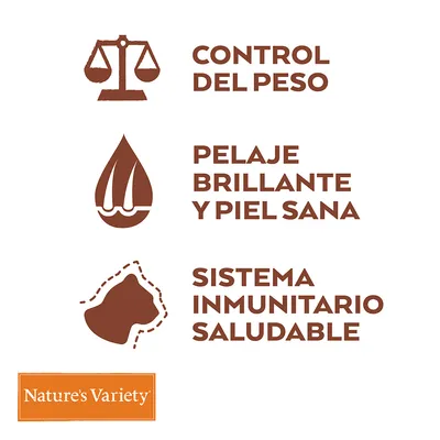 Spaanstalige tekst: CONTROL DEL PESO, PELAJE BRILLANTE Y PIEL SANA, SISTEMA INMUNITARIO SALUDABLE. Nature’s Variety.