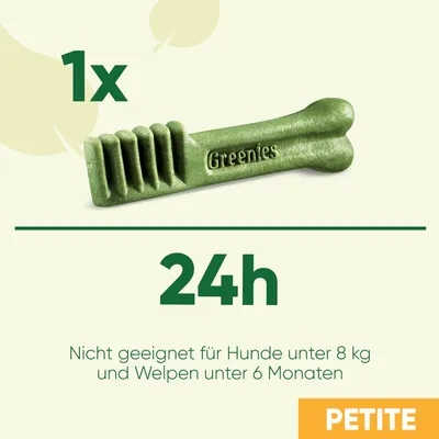Greenies Petite Hundezahnpflege-Knochen, 1x täglich. Nicht geeignet für Hunde unter 8 kg und Welpen unter 6 Monaten.