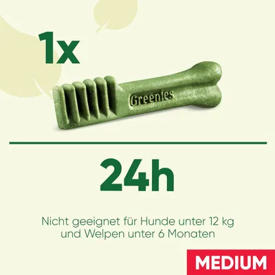 Greenies Medium Zahnpflege-Kaustick, 1x täglich. Nicht geeignet für Hunde unter 12 kg und Welpen unter 6 Monaten.