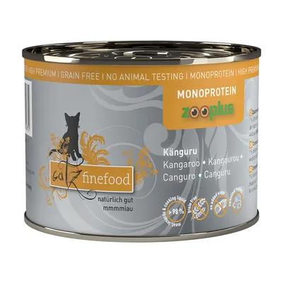 catz finefood храна за котки, монопротеин, кенгуру, естествена, без зърнени храни, без тестове върху животни, 98% месо и бульон, ексклузивно в zooplus.