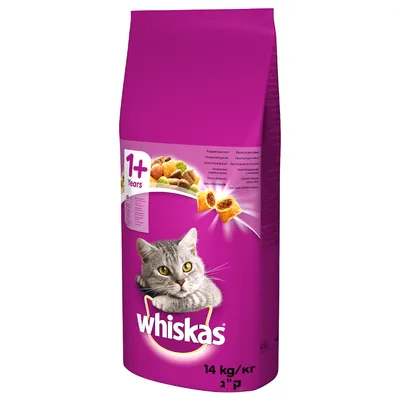 Whiskas hrană uscată pentru pisici de la 1 an, pachet de 14 kg. Cu pernuțe crocante umplute și ingrediente echilibrate.