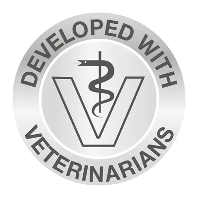 Sinetti, jossa teksti 'Developed with Veterinarians' ja käärmesauvan symboli V:n yläpuolella.