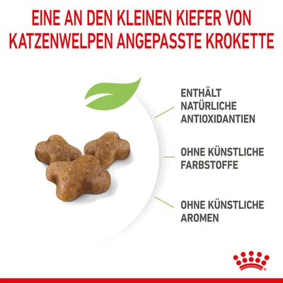 Texte en allemand : croquette adaptée à la mâchoire des chatons. Contient des antioxydants naturels, sans colorants ni arômes artificiels. Trois croquettes visibles.