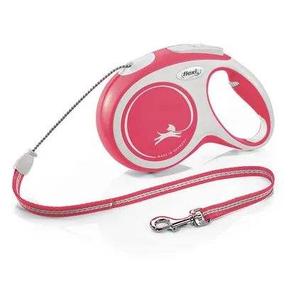 Flexi hundkoppel i rosa med grå accenter, automatisk upprullningsfunktion, reflekterande band och metallkarbinhake. Made in Germany.
