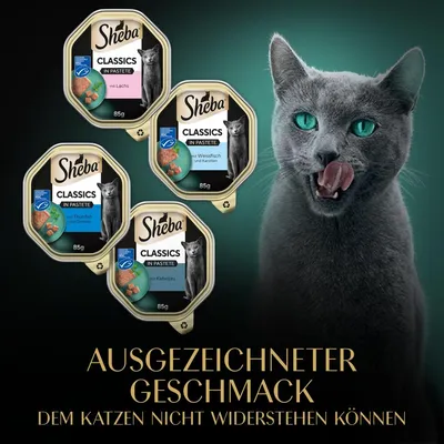 Sheba Classics in Pastete, Sorten: Lachs, Thunfisch mit Gemüse, Weissfisch und Karotten, Kabeljau. Ausgezeichneter Geschmack, dem Katzen nicht widerstehen können.